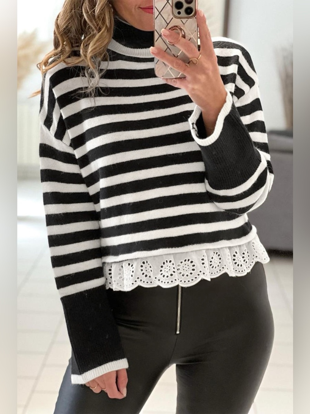 Striped High Neck Contrast Ruffle Detail Casual Sweater